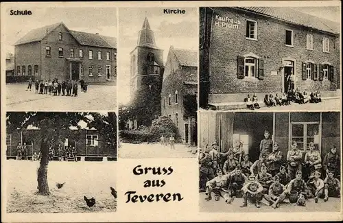 Ak Teveren Geilenkirchen in Nordrhein Westfalen, Kaufhaus H. Plum, Schule, Kirche, Soldaten