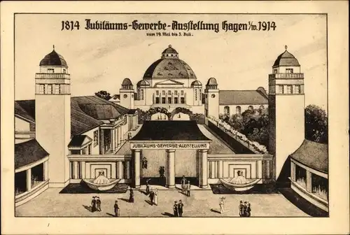 Künstler Ak Hagen in Westfalen Ruhrgebiet, Jubiläums Gewerbeausstellung 1914, Ausstellungshalle
