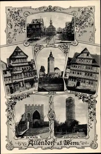 Passepartout Ak Bad Sooden Allendorf in Hessen, Markt, Kirche, Bürgerhaus, Warte, Diebesturm