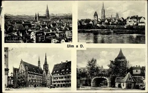 Ak Ulm an der Donau Baden Württemberg, Gesamtansicht, Donaupartie, Rathaus, Zundeltor