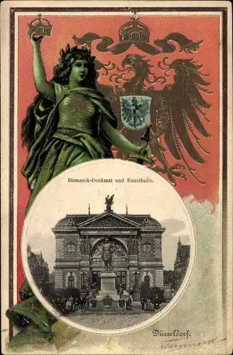 Präge Wappen Passepartout Ak Düsseldorf am Rhein, Bismarck Denkmal und Kunsthalle, Germania