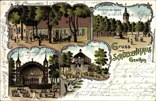 Litho Genthin am Elbe Havel Kanal, Gruß vom Schützenhaus, Genthiner Marktplatz, Glashalle,Musikhalle