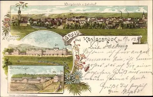 Litho Königsbrück in der Oberlausitz, Artilleriekaserne, Barackenlager, Panorama vom Bahnhof aus