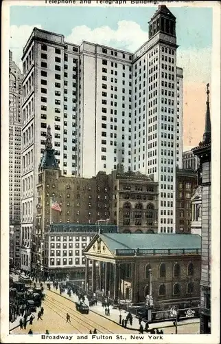 Ak New York City USA, Broadway and Fulton Street, Telephone and Telegraph Building