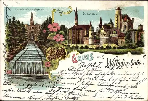 Litho Bad Wilhelmshöhe Kassel, Herkulessäule und Kaskaden, Löwenburg