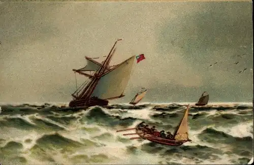 Litho Segelschiff auf dem Meer bei Sturm, Ruderboot