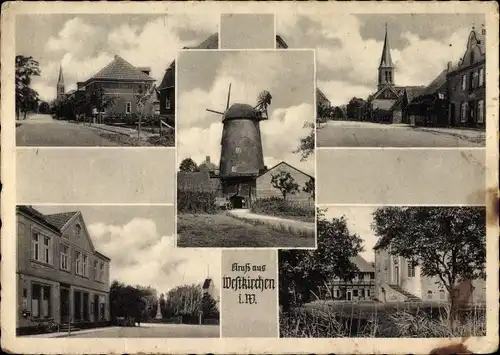 Ak Westkirchen Ennigerloh im Münsterland, Straßenpartien in Ortschaft, Ansicht von Windmühle