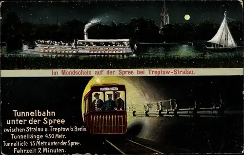 Mondschein Ak Berlin Treptow, Partie im Mondschein auf der Spree, Tunnelbahn unter der Spree