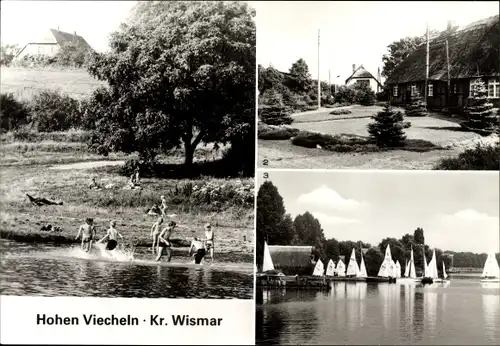 Ak Hohen Viecheln in Mecklenburg Vorpommern, Badestelle, Fritz Reuter Straße, Segelboote auf dem See