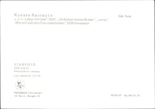 Ak Schauspielerin Renate Reinecke, Portrait, Leben mit Uwe, Progress Starfoto