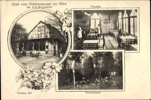 Ak Hameln in Niedersachsen, Waldrestaurant zur Höhe von Carl Rischmüller, Veranda, Park