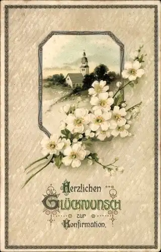 Präge Litho Glückwunsch Konfirmation, Blütenzweige, Kirche