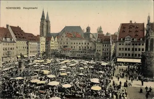Ak Nürnberg in Mittelfranken Bayern, Marktleben auf dem Hauptmarkt