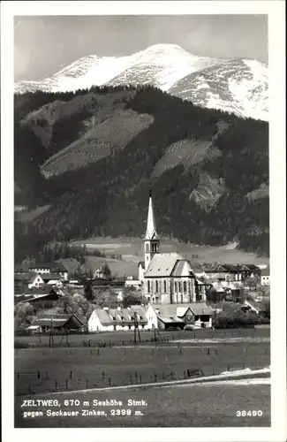 Ak Zeltweg Steiermark, Ortsansicht gegen Seckauer Zinken, Kirche