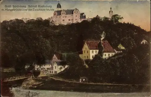 Ak Lunzenau in Sachsen, Blick zum Schloss Rochsburg, Hängebrücke über Zwickauer Mulde