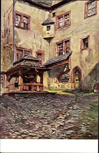 Künstler Ak Lunzenau in Sachsen, Partie am Schloss Rochsburg, zweiter Hof mit Ziehbrunnen