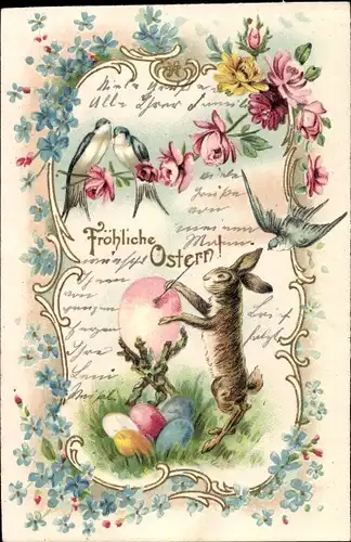 Präge Glückwunsch Ostern, Osterhase bemalt Ostereier, Schwalben