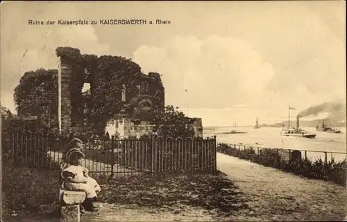Ak Kaiserswerth Düsseldorf Nordrhein Westfalen, Partie an der Ruine der Kaiserpfalz, Blick auf Rhein