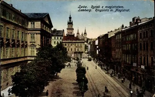 Ak Lwów Lemberg Ukraine, Rynek z magistratem, Ringplatz mit Magistrat