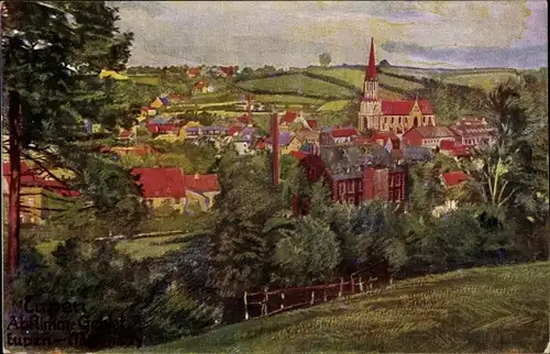 Künstler Ak Eupen Wallonien Lüttich, Abstimmgebiet Eupen Malmeny, Ortsansicht, Kirche