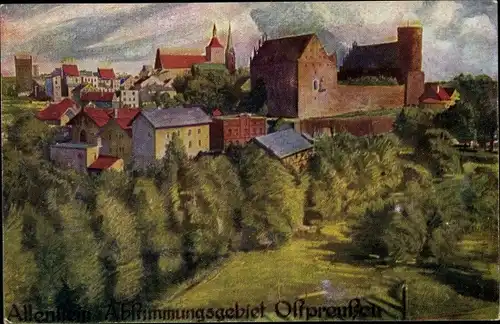 Künstler Ak Olsztyn Allenstein Ostpreußen, Abstimmungsgebiet Ostpreußen, Stadtansicht, Kirche