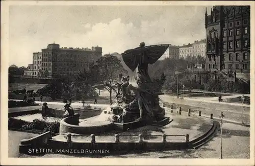 Ak Szczecin Stettin Pommern, Manzelbrunnen, Straßenpartie