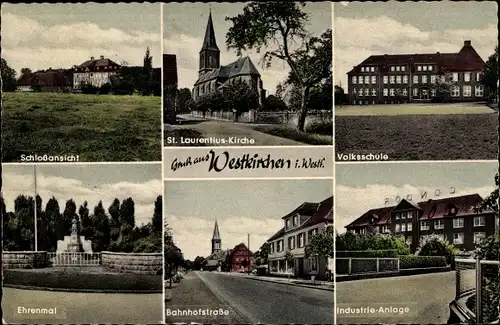 Ak Westkirchen Ennigerloh Nordrhein Westfalen, Schloss, Ehrenmal, Kirche, Industrie Anlage, Schule