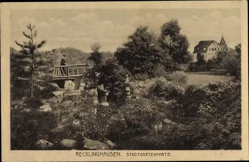 Ak Recklinghausen im Ruhrgebiet, Stadtgartenpartie, Brücke