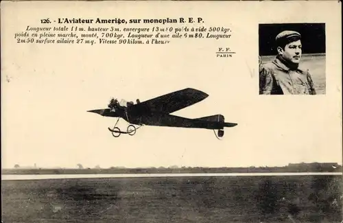 Ak L'Aviateur Amerigo, sur Monoplan REP, Flugpionier