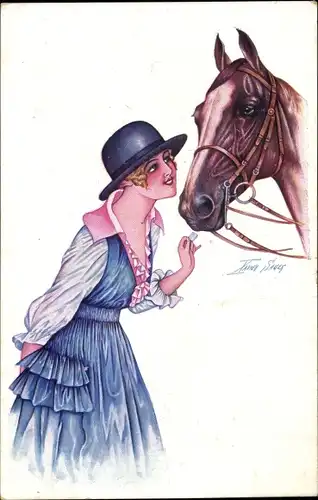 Künstler Ak Sager, Xavier, Junge Frau mit einem Pferd, Blauer Melonenhut