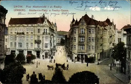 Ak Lwów Lemberg Ukraine, Plac akademicki i ulica Fredry, Akademieplatz und Fredry Gasse