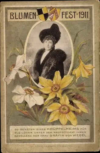 Passepartout Ak Blumenfest 1911 zu Gunsten eines Krüppelheims für Els. Lothr, Gräfin von Wedel