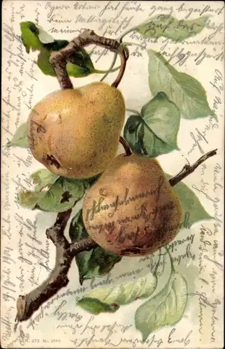 Präge Litho Zwei Birnen an einem Zweig, Blätter, Obst