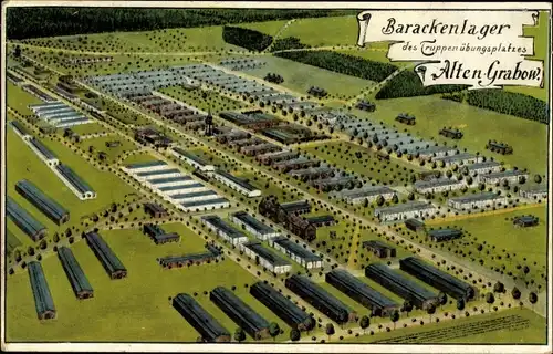 Künstler Ak Altengrabow Möckern in Sachsen Anhalt, Ansicht vom Barackenlager im Truppenübungsplatz