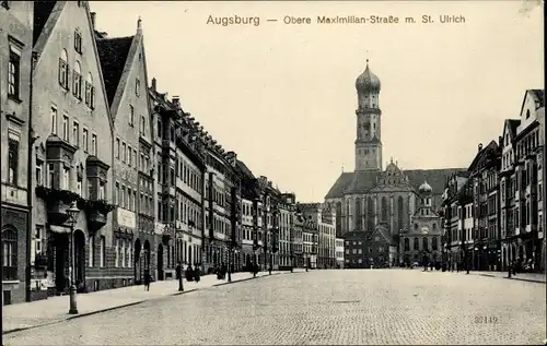 Ak Augsburg in Schwaben, Blick in die Obere Maximilian Straße mit St. Ulrich Kirche