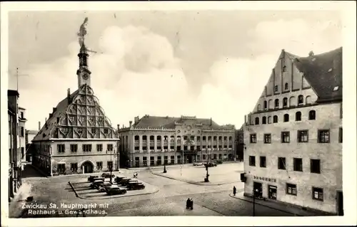 Ak Zwickau in Sachsen, Partie am Hauptmarkt mit Blick auf das Rathaus und Gewandhaus