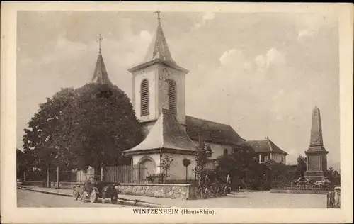 Ak Wintzenheim Winzenheim Elsass Haut Rhin, Partie an der Kirche, Denkmal, Automobil