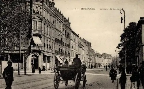 Ak Mulhouse Mülhausen Elsass Haut Rhin, Faubourg de Colmar, Kutsche, Passanten