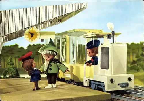 Ak Unser Sandmännchen, Sandmann, DDR Kinderfernsehen, Sandmännchen auf dem Bahnhof, Eisenbahn