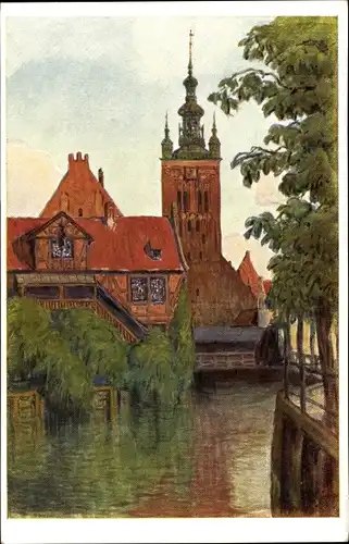 Künstler Ak Hellingrath, B., Gdańsk Danzig, Müllergewerkshaus mit Katharinenkirche