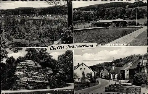 Ak Liesen Hallenberg am Rothaargebirge, Blick zum Ort, Schwimmbad, Kuckucksfelsen, Straßenpartie