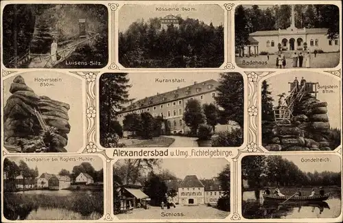 Passepartout Ak Bad Alexandersbad in Bayern, Kösseine, Badehaus, Schloss, Gondelteich, Haberstein