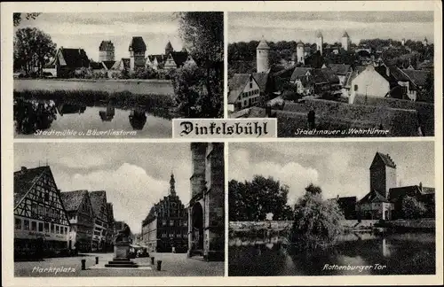 Ak Dinkelsbühl im Kreis Ansbach Mittelfranken, Stadtmühle und Bäuerlinsturm, Markt, Rothenburger Tor