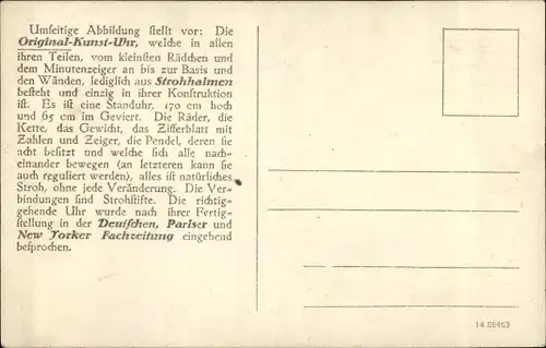 Ak Strasburg in der Uckermark, Otto Wegener, Original Kunst Uhr, Konstruktion aus Strohhalmen