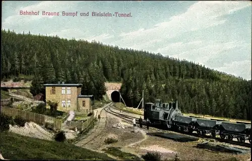 Ak Hüttenrode Blankenburg am Harz, Bahnhof Braune Sumpf, Bielstein Tunnel, Bahnstrecke, Zahnradbahn