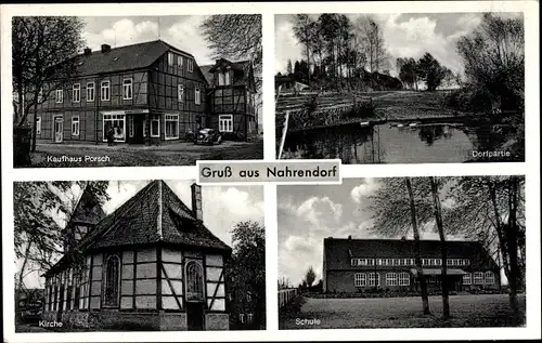 Ak Nahrendorf in Niedersachsen, Stadtansichten, Kaufhaus Porsch, Kirche, Schule