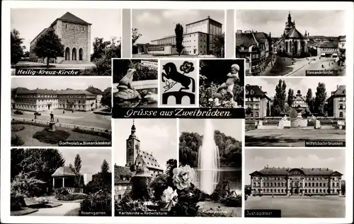 Ak Zweibrücken in Rheinland Pfalz, Kirchen, Justizpalast, Goetheplatz, Bismarckdenkmal