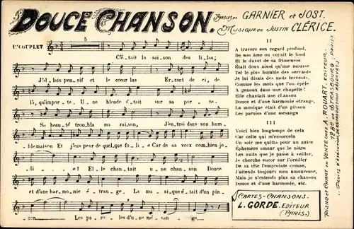 Lied Ak Paroles de Garnier et Jost, Musique de Justin Clérice, Douce Chanson