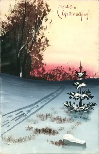 Handgemalt Ak Frohe Weihnachten, Winterlandschaft, Tannenbaum