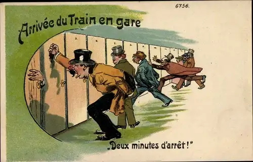 Litho Arrivée du train en gare, Deux minutes d'arrêt, Szene am Bahnhof,Leute rennen auf die Toilette